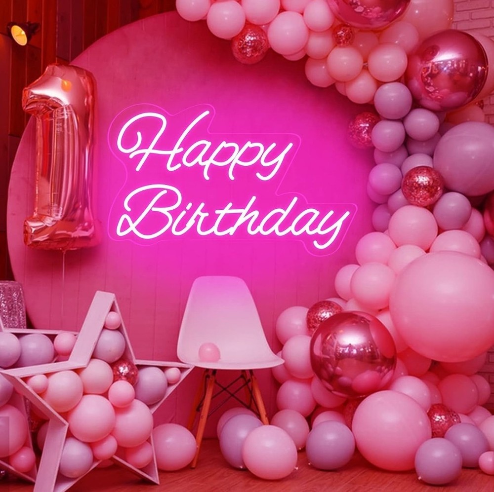✨ 20″ Pink «Happy Birthday» LED Neon Sign (Adjustable Brightness)