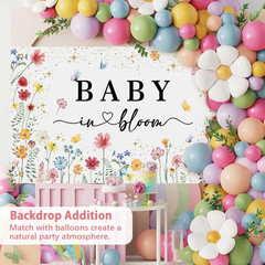 Wildflower Baby in Bloom Backdrop Banner Baby Shower Decorations for Girls, Larg