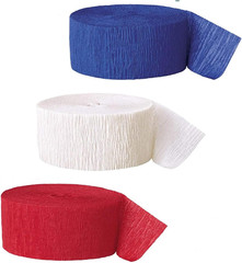 Crepe Paper Streamers 3 Rolls, Pack of Royal Blue, Red, White Streamers for USA