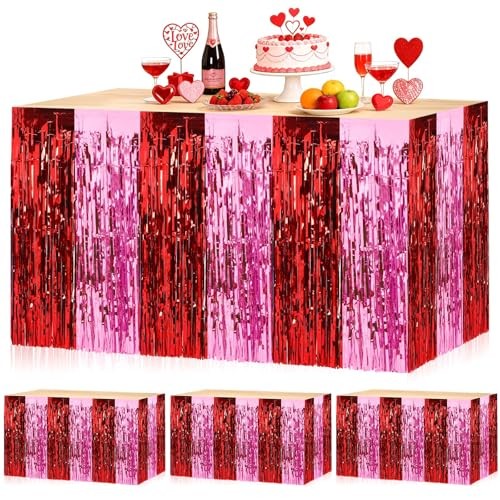 Red Pink Foil Fringe Table Skirts, 4 Pack 108 x 30 inch, Festive Tinsel Table…
