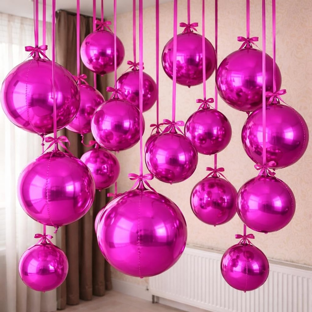 12PCS Hot Pink Round Foil Balloons, 22″ 15″ 10″ Large 4D Ball Balloons Metall…