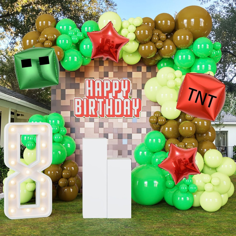 130Pcs Green Balloon Arch Garland Kit with Lime Green Brown Square Star Foil Bal