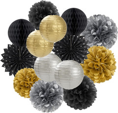 Black Gold Silver Party-Decorations Streamers-Lanterns – 14Pcs Graduation 2026 P