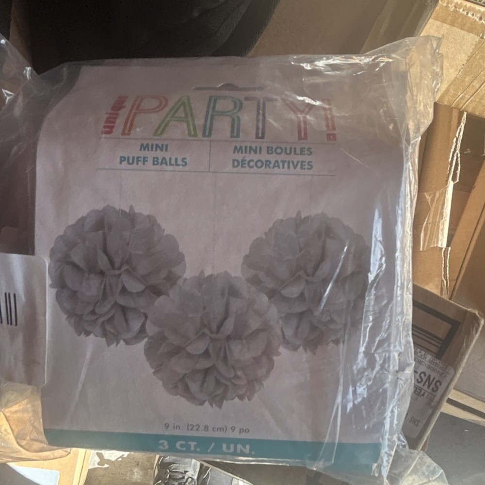 Unique Mini Puff Balls White Paper Party Decorations 9in 3 Count Solid Grey