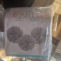 Unique Mini Puff Balls White Paper Party Decorations 9in 3 Count Solid Grey