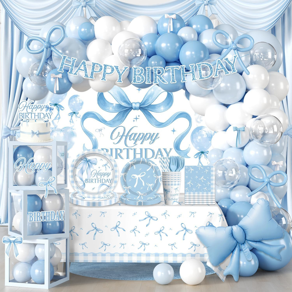 cocomigo 288 PCS Blue Bow Birthday Decorations, Hassle-Free One-Stop Set for 25