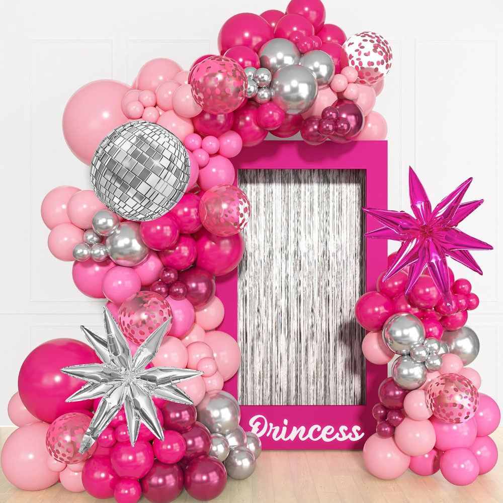 143Pcs Pink and Silver Valentines Balloon Garland Arch Kit, Hot Pink Confetti 4