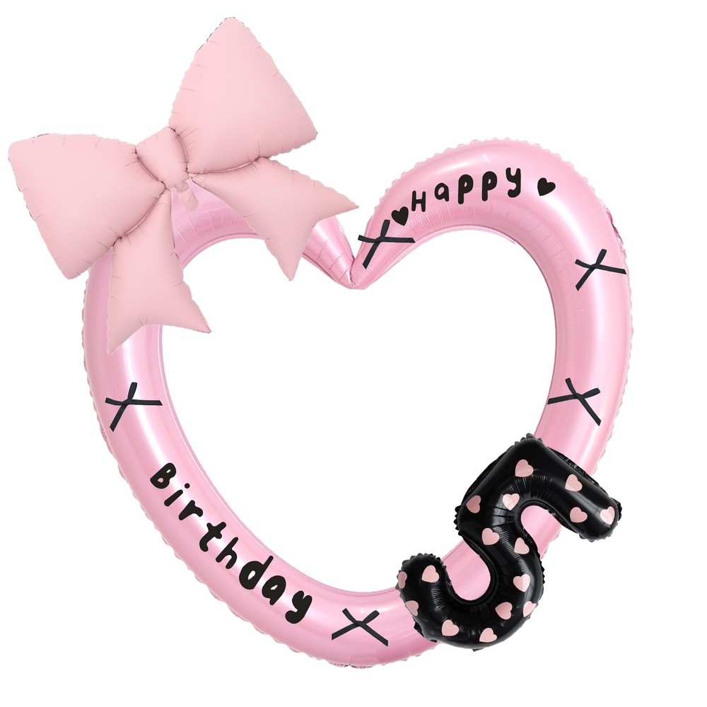 40-Inch Pink Heart, 22-Inch Pink Bow, 16-Inch Black Number 5, 5th Balloon Dec…
