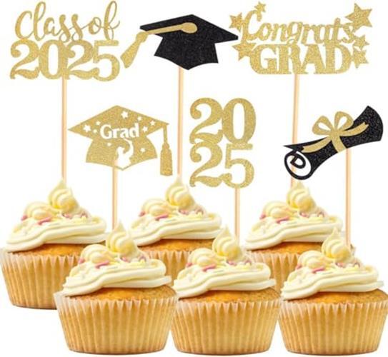 60 Pcs 2025 Graduation Cupcake ToppersGlitter Class of 2025 Cupcake Toppers