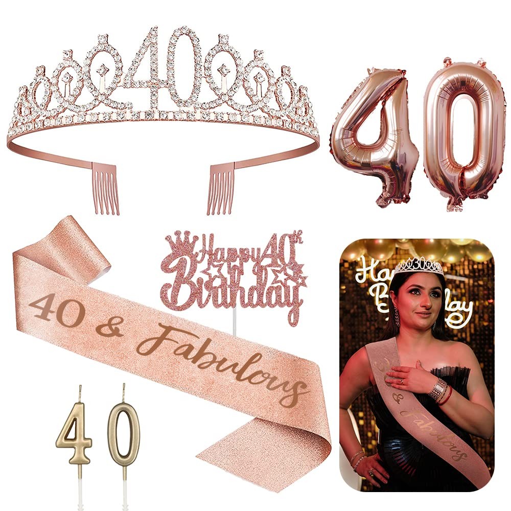 40th Birthday Decorations for Her – 5pcs Gifts Including 40th Tiara Crown, Sash,