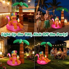 6FT Inflatable Tiki Luau Decor – Flamingo Coconut Palm Party Decorations, LED Li