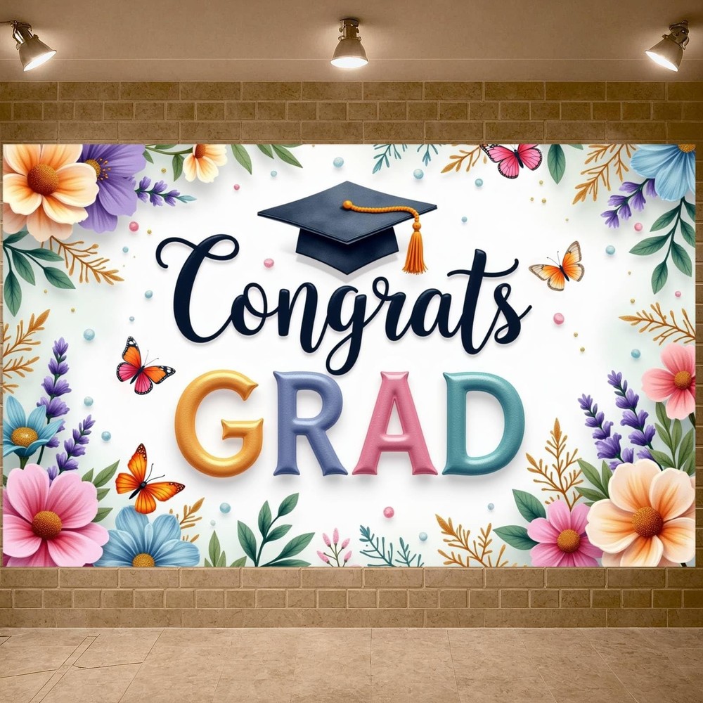 Graduation Backdrop 2026 Floral Congrats Grad Banner for Party Colorful