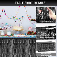 6 Pack 29.5X108 Inch Black Foil Tinsel Fringe Table Skirts, Disposable Table Ski