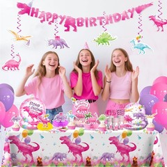 cocomigo 181pcs Pink Dinosaur Birthday Decorations Tableware Set, Watercolor …