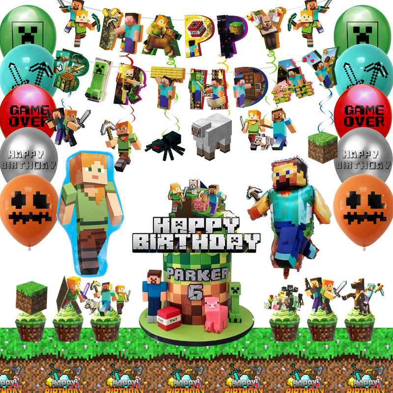 Minecraft Birthday Party Supplies,52Pcs Minecraft Decorations Banners Tablecloth