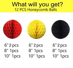 12 PCS Red Black Yellow Hanging Honeycomb Birthday Party Decorations 6x8x10 Inch