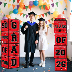 Red and Black Graduation Decorations 2026, 4Pcs Graduation Balloon Boxes with Le