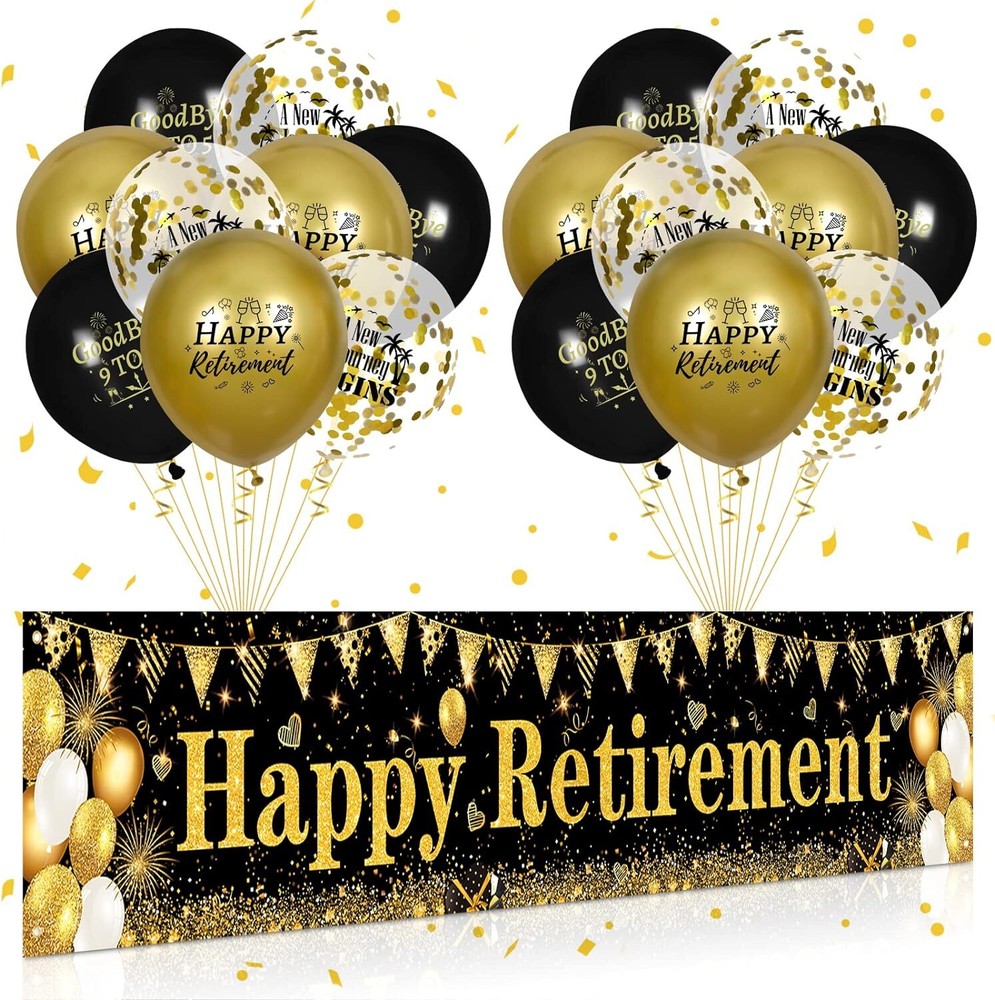 Retirement Party Decorations Black Gold Happy Retirement Banner and 18pcs Hap…