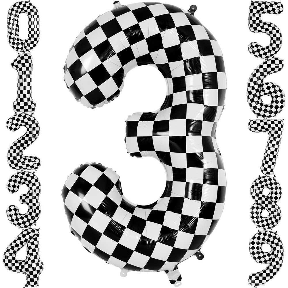 Checkered Number 3 Balloon 40 Inch, Large Foil Black and White Number Balloon…