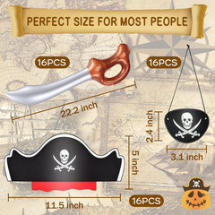 48 Pcs Funny Pirate Party Set- Include 16 Pirate Hats, 16 Eye Patches, 16 Inflat