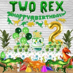 Two Rex Dinosaur 2nd Birthday Party Decorations Pack – Green Dinosaur Theme -…