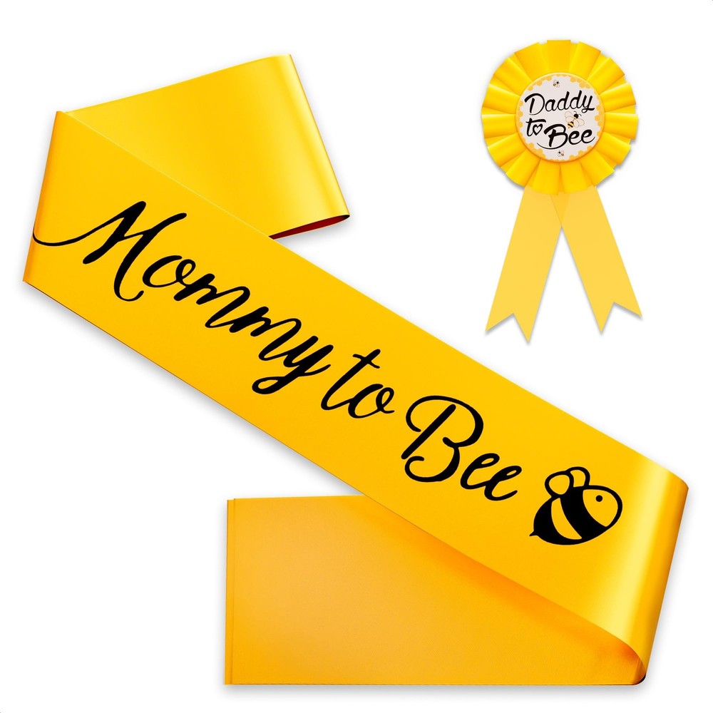 2 PCS Yellow Mommy To Bee Baby Shower Decorations Gold Sash Dad Pin Gender