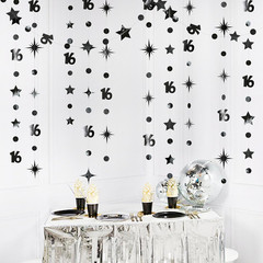 Black Number 16 Circle Dot Twinkle Star Garland Metallic Streamer Bunting Banner