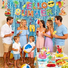 Complete Summer Party Set: Hello Summer Banner, Hanging Swirls & Foil Curtains