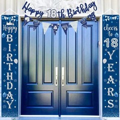 Blue Silver 18th birthday Party decorations Door Banner Porch Sign Bunting Flags