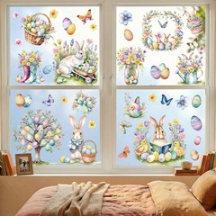 9 Sheets Easter Window Clings for Glass Windows – Watercolor Bunny Multicolor