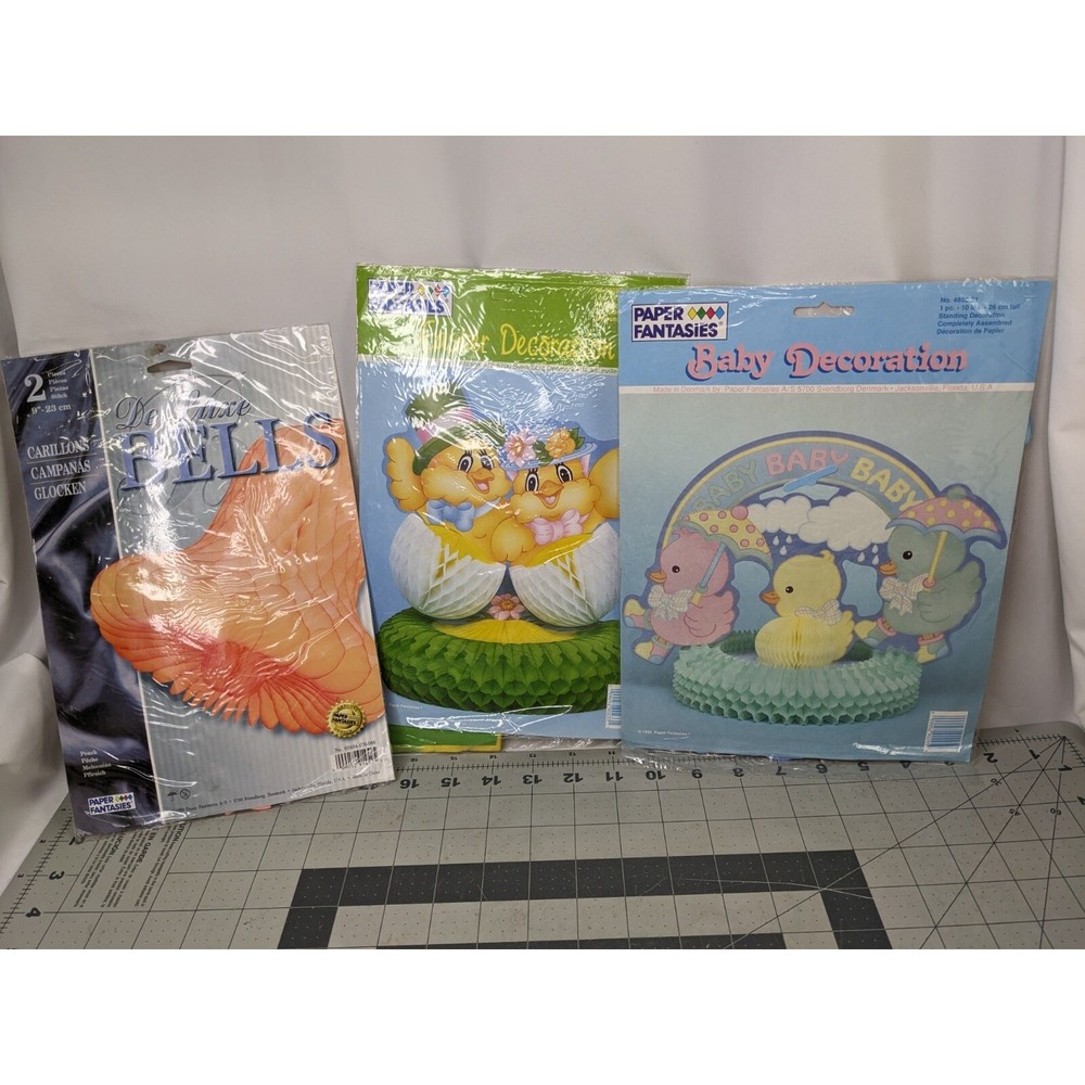 Paper Fantasies Baby Easter Standing Decoration Lot and 9 Inch Orange Bells