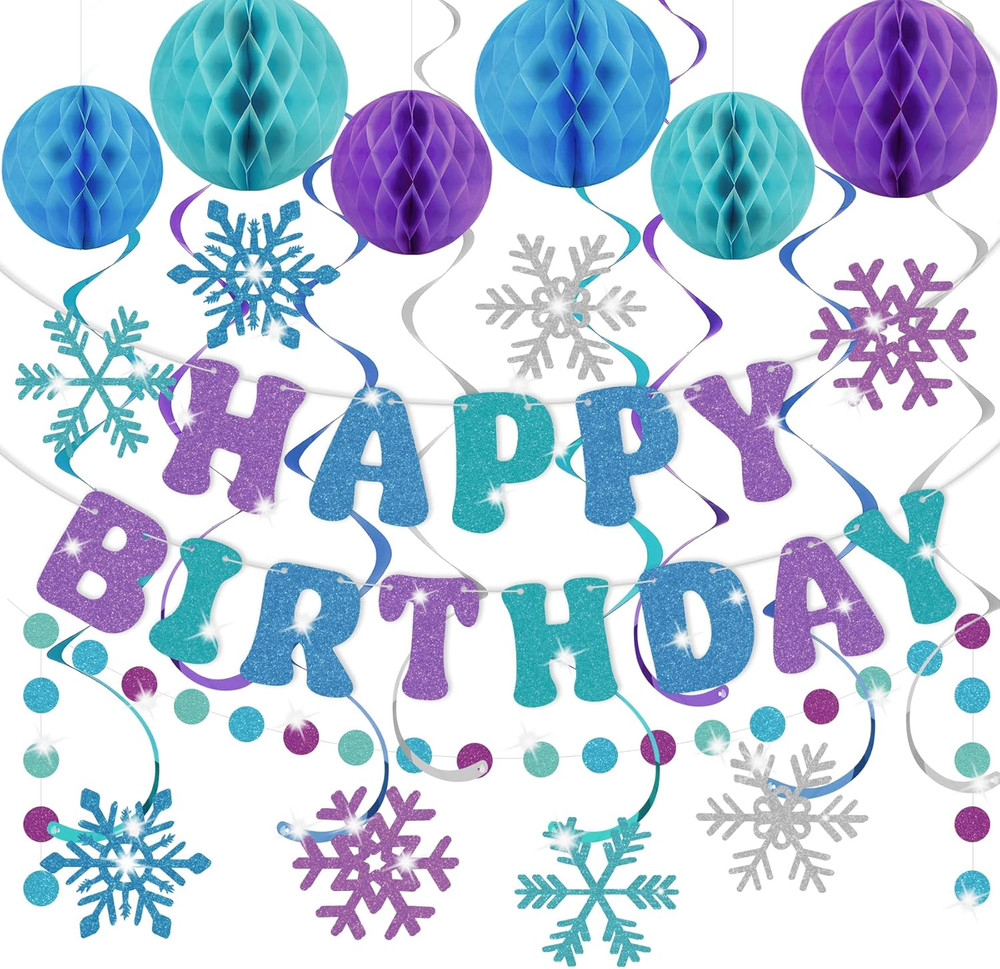 Snowflake Birthday Decorations for Girls, Glitter Happy Birthday Banner with Hon