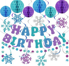 Snowflake Birthday Decorations for Girls, Glitter Happy Birthday Banner with Hon
