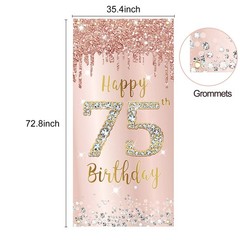 75th Birthday Decorations Door Banner 72.8 x 35.4 inches, Pink Rose Gold