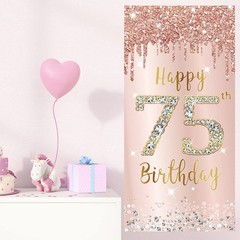 75th Birthday Decorations Door Banner 72.8 x 35.4 inches, Pink Rose Gold