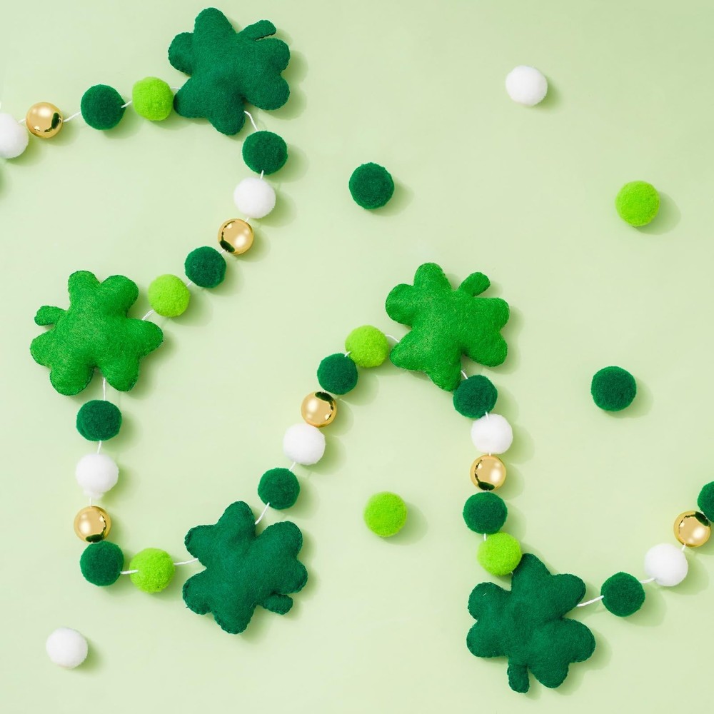 St. Patrick’s Day 8.2ft Felt Ball Garland with Shamrock and Gold Beads