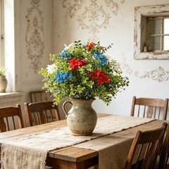 Patriotic Plastic Hydrangea Flower in Pot for Independence Day For Outdoor Use