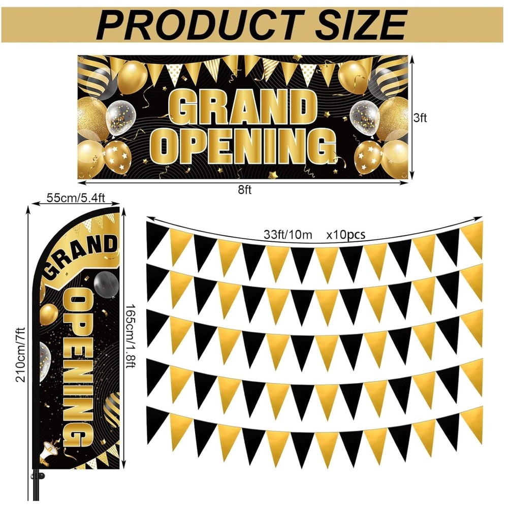 7ft Grand Opening Store Sign Triangle Flags Set – Black Gold