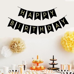 Black Happy Birthday Bunting Banner with Shiny Gold Letters Pre-Strung No DIY…
