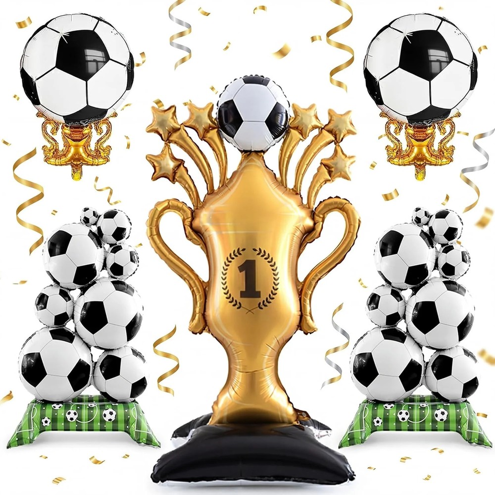 5 Pcs Soccer Balloons Party Decorations Set, Extra Large Trophy & World Cup Foil