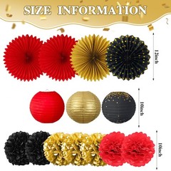 Red Black Gold Party Decorations, 14 Pcs Hanging Fans, Lanterns, Pom Poms – E…