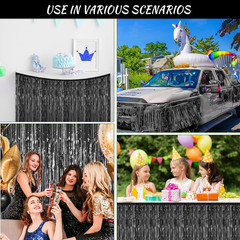 6 Pack 29.5X108 Inch Black Foil Tinsel Fringe Table Skirts, Disposable Table Ski