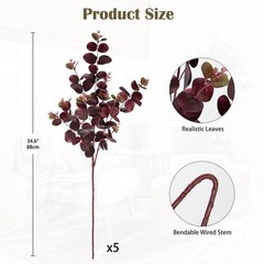 GnFlus 5 Pcs Artificial Eucalyptus Stems 30″ Fake Silk Plants for Burgundy