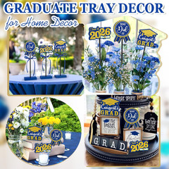2026 Graduation Table Decorations Wooden Sign, 3Pcs Blue and Gold Graduation Tie