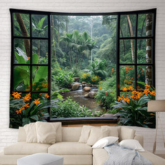 Tropical Rainforest Tapestry Jungle Green Tree Waterfall Pond Garden Nature Land