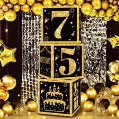 75th Birthday Decorations Boxes for Men- 3PCS Black Gold Happy 75th Birthday …