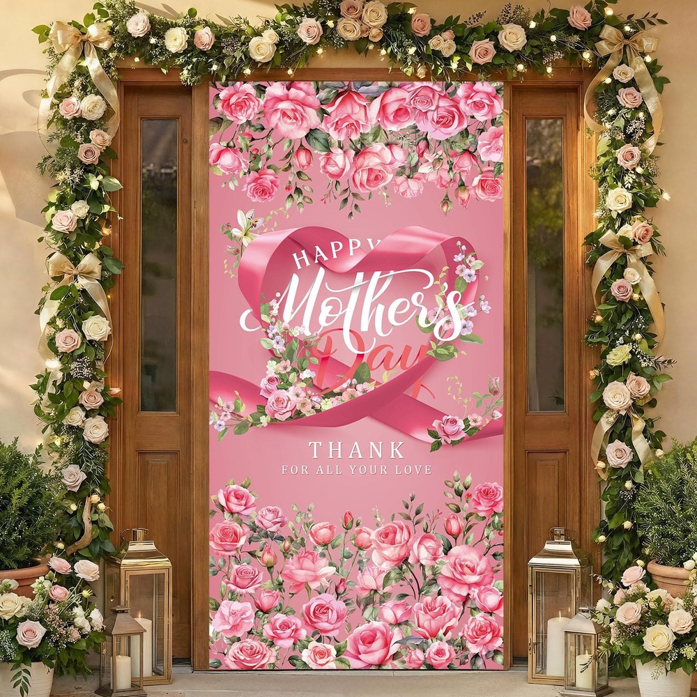 Large Happy Mothers Day Decorations Mother’s Day Yard Door Cover Pink and Red…