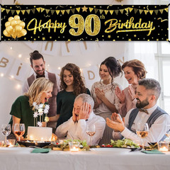 Happy 90Th Birthday Banner Decorations for Women Men, Black Gold 90 Birthday Yar