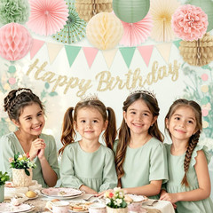 Sage Green Pink Birthday Decorations Banner Fans Lanterns Garland Set