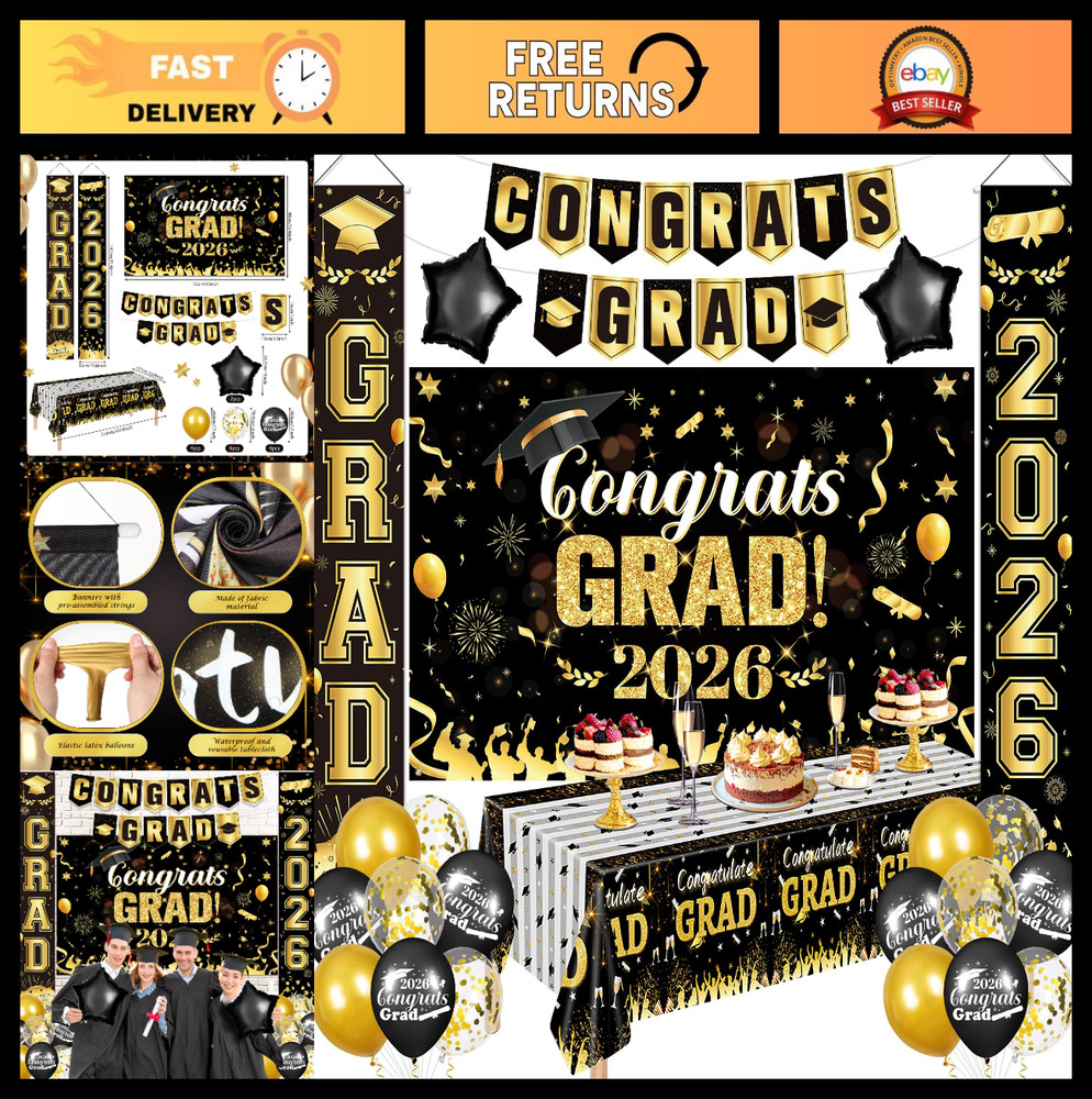 2026 Graduation Party Supplies Set – Black Gold Decor, Backdrop, Banner, Balloon